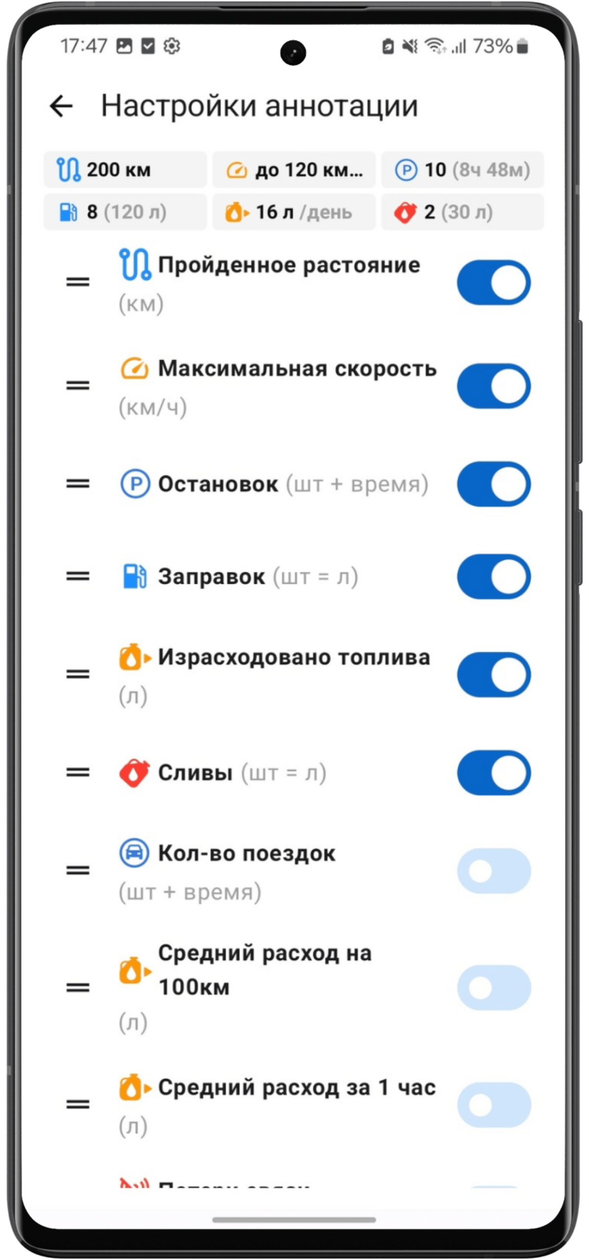 Настройки сводки на Android