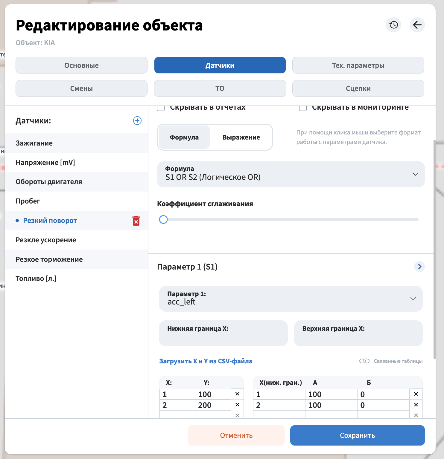 Параметры датчика